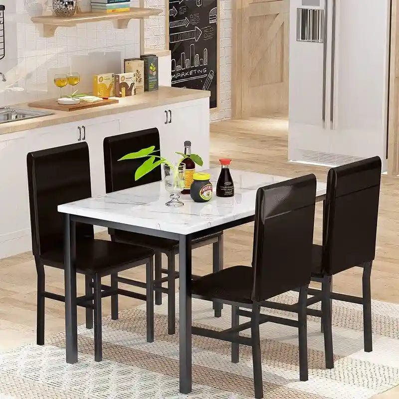 Ensemble table et chaises de salle à manger moderne pour 4 personnes, ensemble de salle à manger en faux marbre avec 4 chaises rembourrées en cuir PU pour salon, cuisine.