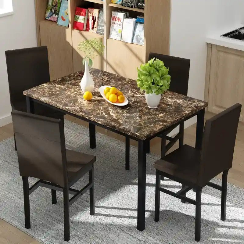 Ensemble table et chaises de salle à manger moderne pour 4 personnes, ensemble de salle à manger en faux marbre avec 4 chaises rembourrées en cuir PU pour salon, cuisine.