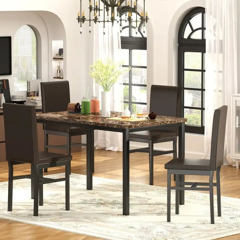 Ensemble table et chaises de salle à manger moderne pour 4 personnes, ensemble de salle à manger en faux marbre avec 4 chaises rembourrées en cuir PU pour salon, cuisine.