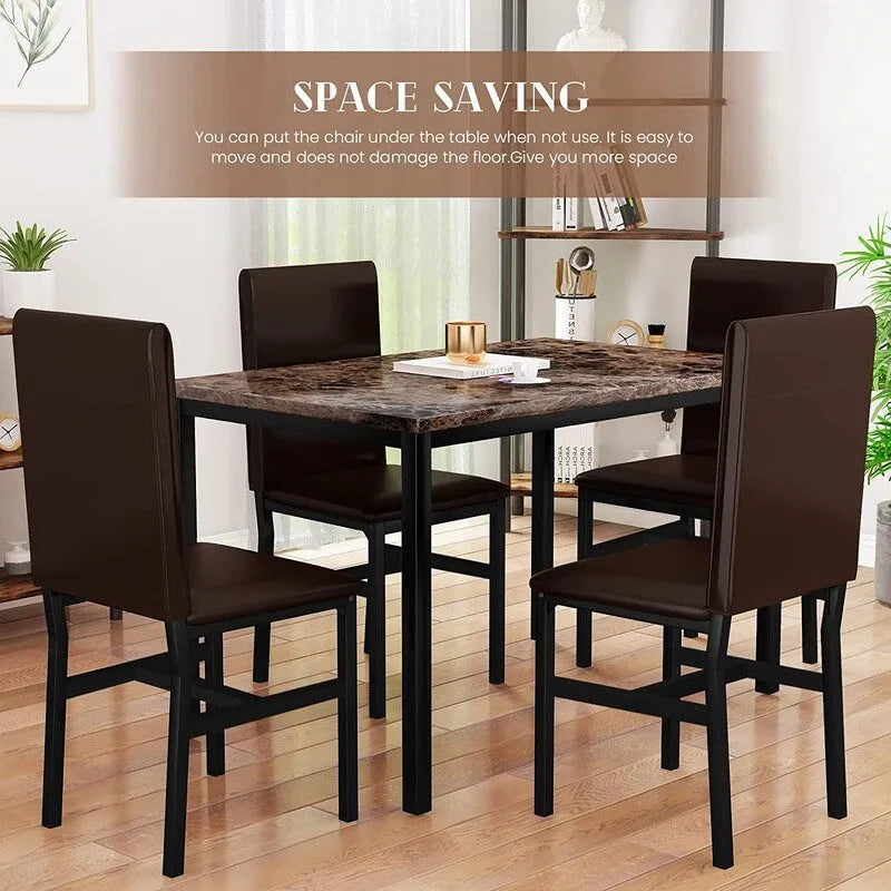 Ensemble table et chaises de salle à manger moderne pour 4 personnes, ensemble de salle à manger en faux marbre avec 4 chaises rembourrées en cuir PU pour salon, cuisine.