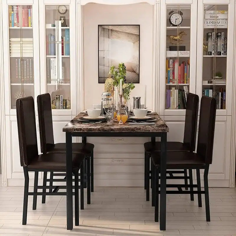 Ensemble table et chaises de salle à manger moderne pour 4 personnes, ensemble de salle à manger en faux marbre avec 4 chaises rembourrées en cuir PU pour salon, cuisine.