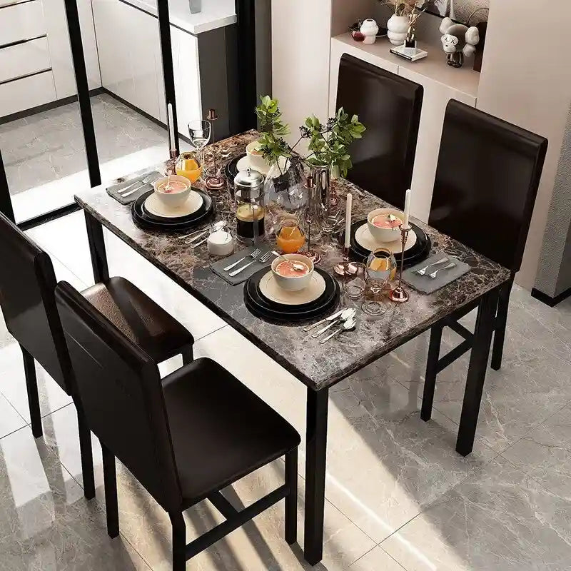 Ensemble table et chaises de salle à manger moderne pour 4 personnes, ensemble de salle à manger en faux marbre avec 4 chaises rembourrées en cuir PU pour salon, cuisine.