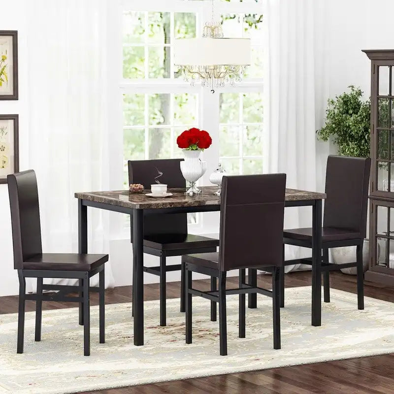 Ensemble table et chaises de salle à manger moderne pour 4 personnes, ensemble de salle à manger en faux marbre avec 4 chaises rembourrées en cuir PU pour salon, cuisine.