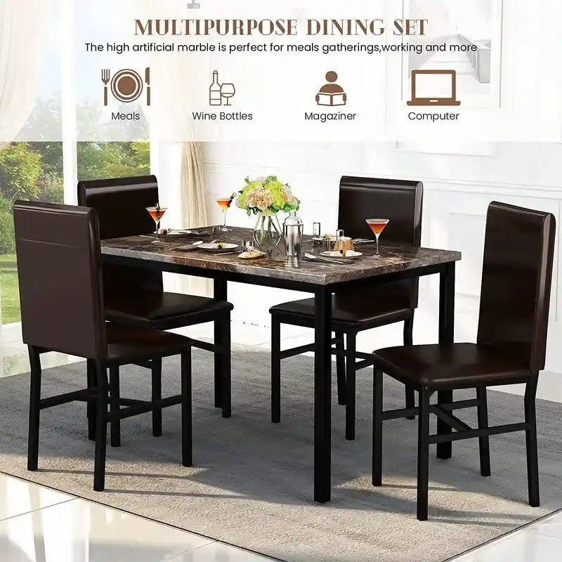 Ensemble table et chaises de salle à manger moderne pour 4 personnes, ensemble de salle à manger en faux marbre avec 4 chaises rembourrées en cuir PU pour salon, cuisine.
