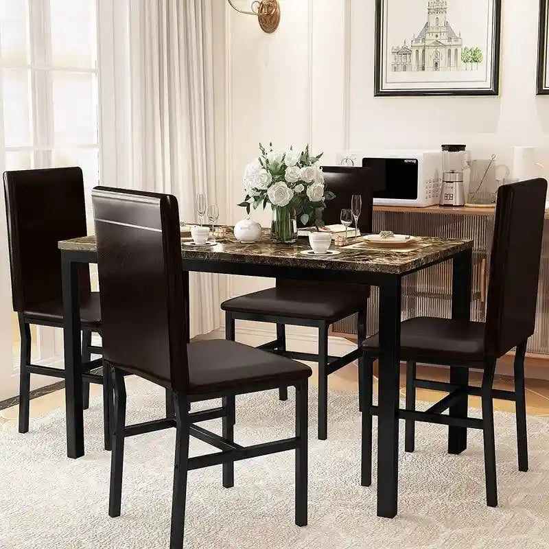 Ensemble table et chaises de salle à manger moderne pour 4 personnes, ensemble de salle à manger en faux marbre avec 4 chaises rembourrées en cuir PU pour salon, cuisine.