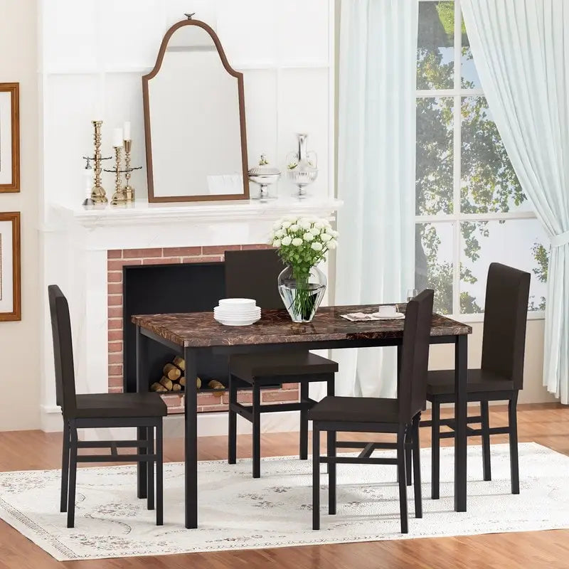Ensemble table et chaises de salle à manger moderne pour 4 personnes, ensemble de salle à manger en faux marbre avec 4 chaises rembourrées en cuir PU pour salon, cuisine.
