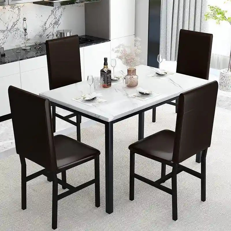 Ensemble table et chaises de salle à manger moderne pour 4 personnes, ensemble de salle à manger en faux marbre avec 4 chaises rembourrées en cuir PU pour salon, cuisine.