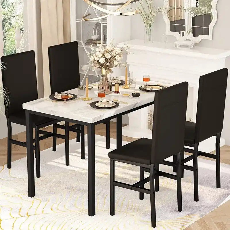 Ensemble table et chaises de salle à manger moderne pour 4 personnes, ensemble de salle à manger en faux marbre avec 4 chaises rembourrées en cuir PU pour salon, cuisine.