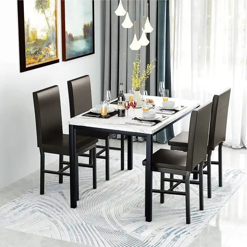 Ensemble table et chaises de salle à manger moderne pour 4 personnes, ensemble de salle à manger en faux marbre avec 4 chaises rembourrées en cuir PU pour salon, cuisine.