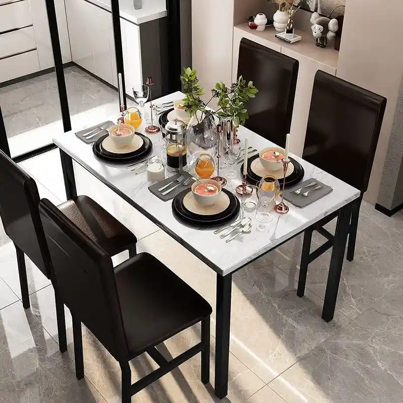 Ensemble table et chaises de salle à manger moderne pour 4 personnes, ensemble de salle à manger en faux marbre avec 4 chaises rembourrées en cuir PU pour salon, cuisine.
