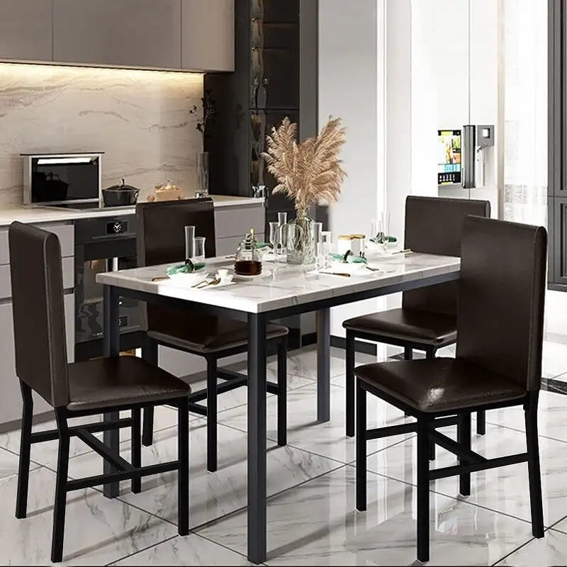 Ensemble table et chaises de salle à manger moderne pour 4 personnes, ensemble de salle à manger en faux marbre avec 4 chaises rembourrées en cuir PU pour salon, cuisine.