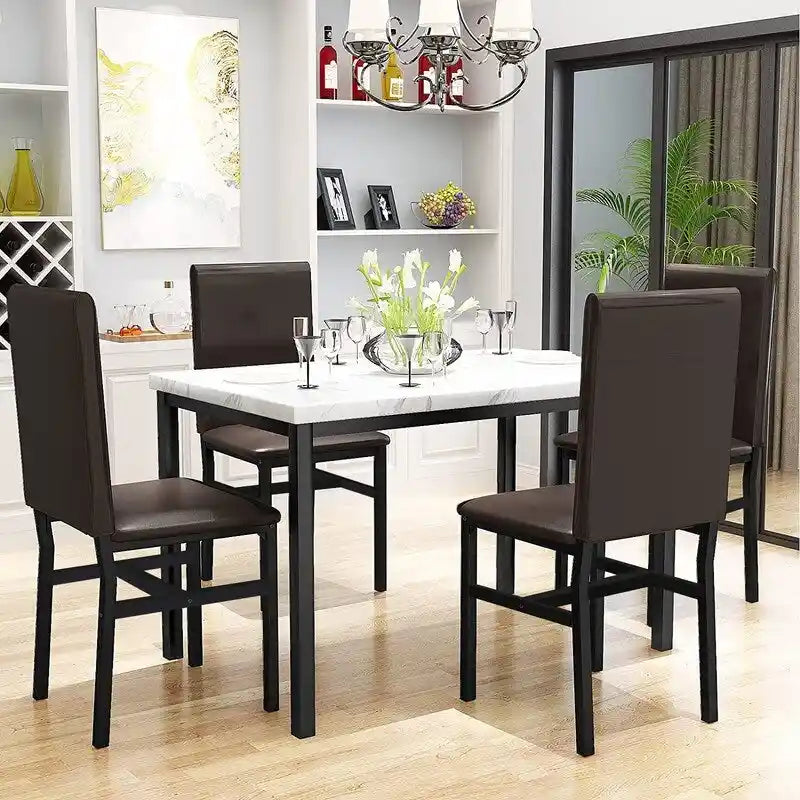 Ensemble table et chaises de salle à manger moderne pour 4 personnes, ensemble de salle à manger en faux marbre avec 4 chaises rembourrées en cuir PU pour salon, cuisine.