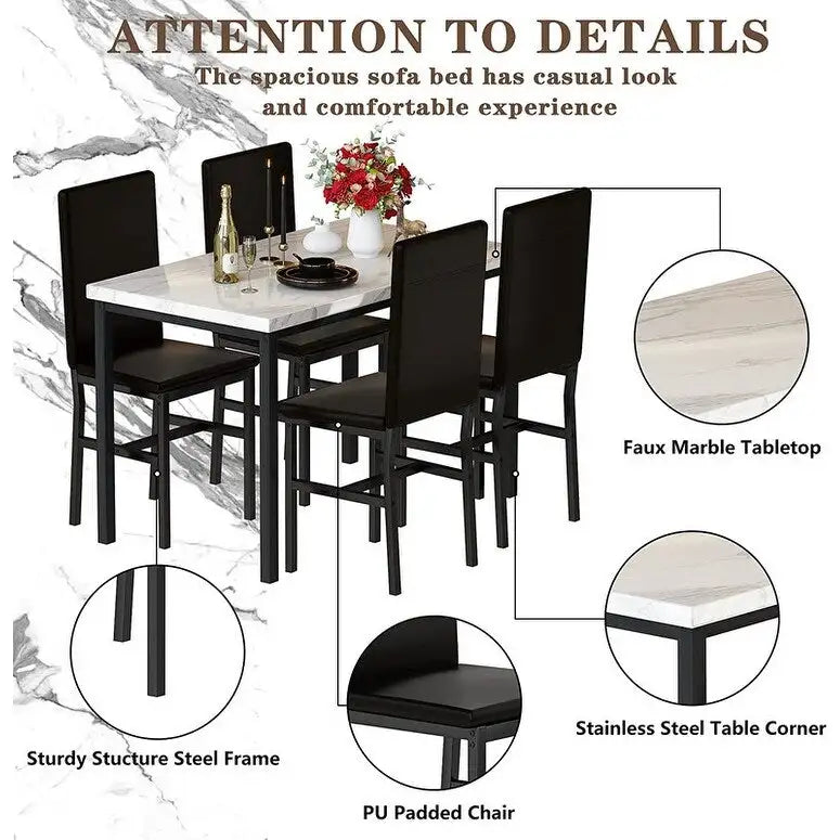 Ensemble table et chaises de salle à manger moderne pour 4 personnes, ensemble de salle à manger en faux marbre avec 4 chaises rembourrées en cuir PU pour salon, cuisine.