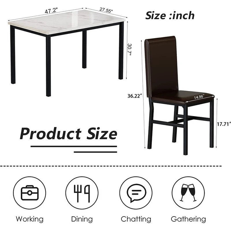 Ensemble table et chaises de salle à manger moderne pour 4 personnes, ensemble de salle à manger en faux marbre avec 4 chaises rembourrées en cuir PU pour salon, cuisine.