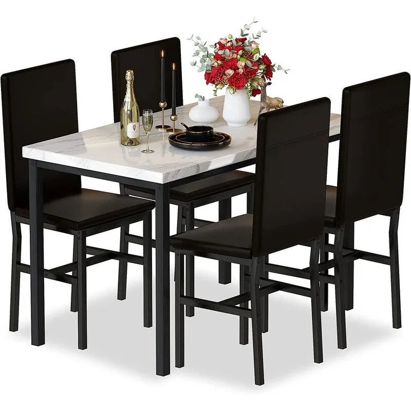 Ensemble table et chaises de salle à manger moderne pour 4 personnes, ensemble de salle à manger en faux marbre avec 4 chaises rembourrées en cuir PU pour salon, cuisine.