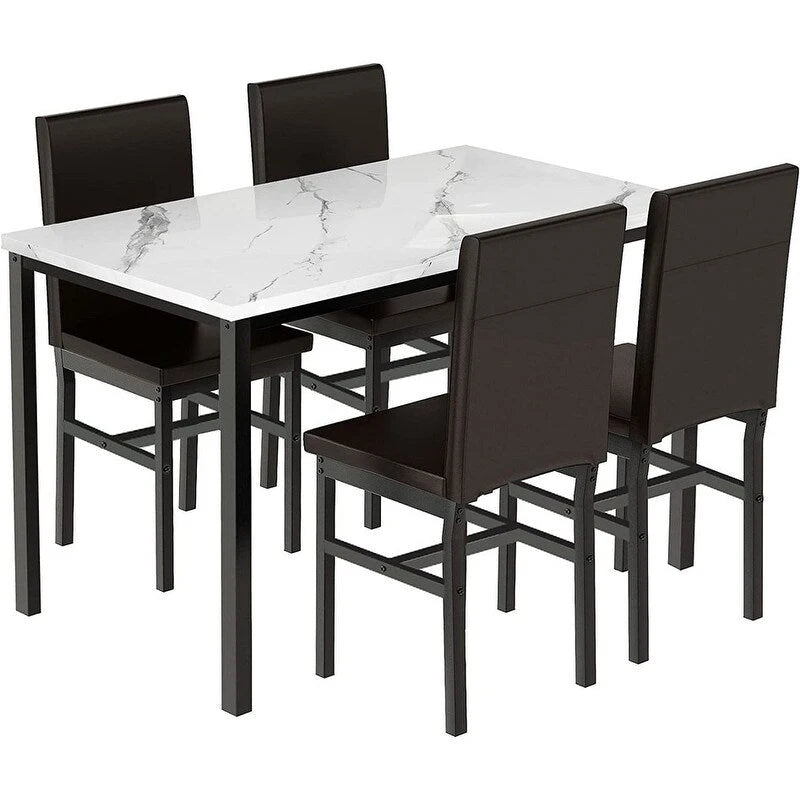 Ensemble table et chaises de salle à manger moderne pour 4 personnes, ensemble de salle à manger en faux marbre avec 4 chaises rembourrées en cuir PU pour salon, cuisine.