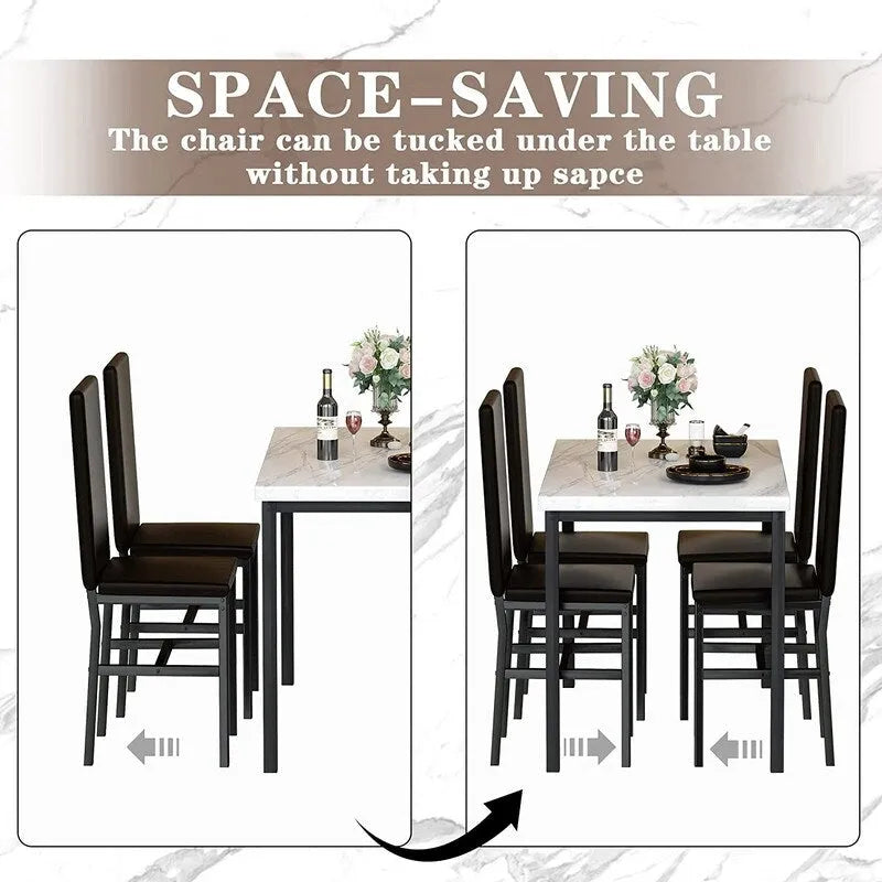 Ensemble table et chaises de salle à manger moderne pour 4 personnes, ensemble de salle à manger en faux marbre avec 4 chaises rembourrées en cuir PU pour salon, cuisine.