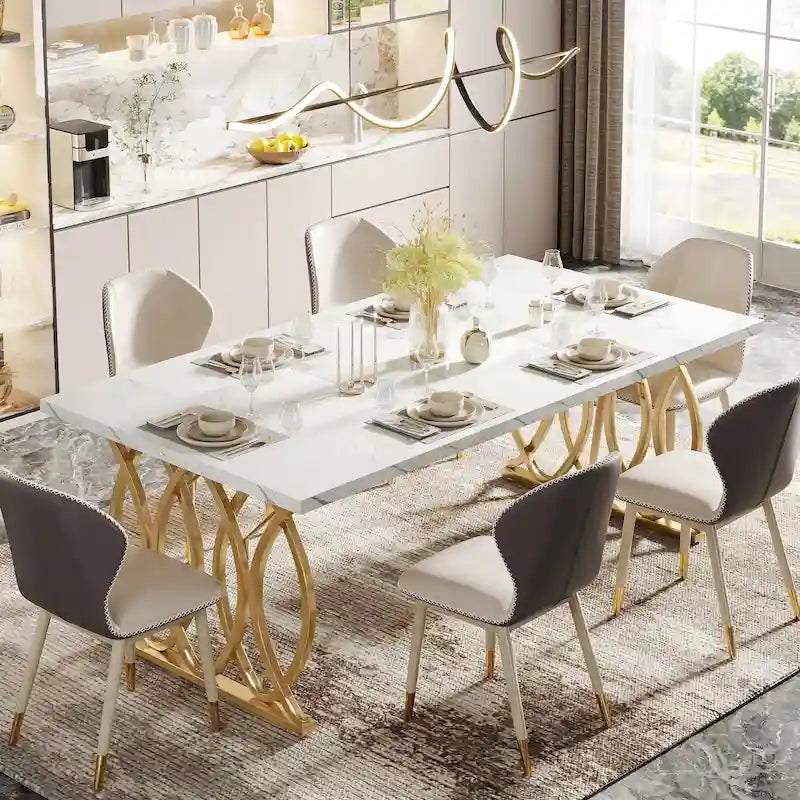 Table à manger moderne pour 4 à 6 personnes, grande table de cuisine de 160 cm avec plateau en faux marbre