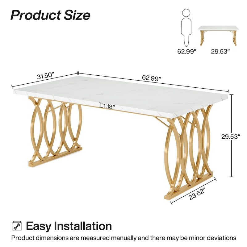 Table à manger moderne pour 4 à 6 personnes, grande table de cuisine de 160 cm avec plateau en faux marbre