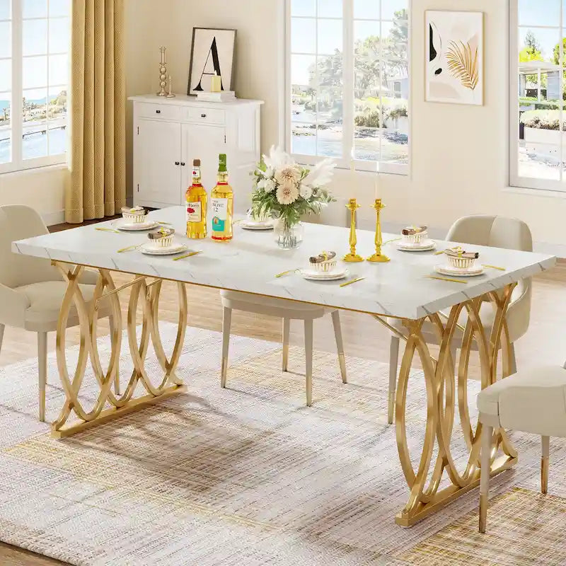 Table à manger moderne pour 4 à 6 personnes, grande table de cuisine de 160 cm avec plateau en faux marbre