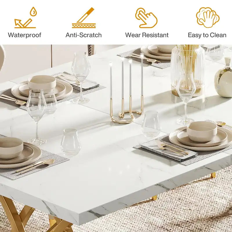Table à manger moderne pour 4 à 6 personnes, grande table de cuisine de 160 cm avec plateau en faux marbre