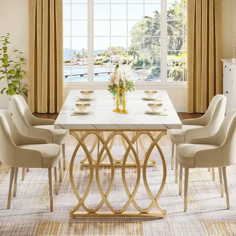 Table à manger moderne pour 4 à 6 personnes, grande table de cuisine de 160 cm avec plateau en faux marbre