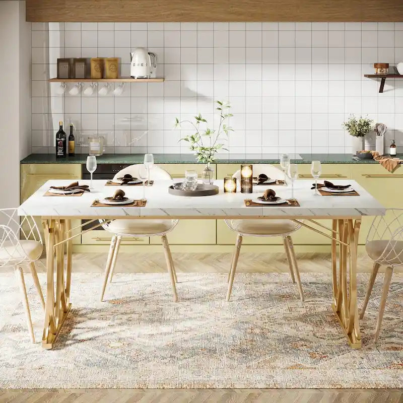 Table à manger moderne pour 4 à 6 personnes, grande table de cuisine de 160 cm avec plateau en faux marbre
