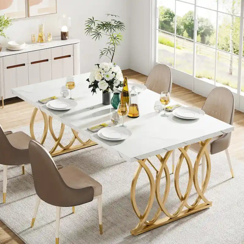 Table à manger moderne pour 4 à 6 personnes, grande table de cuisine de 160 cm avec plateau en faux marbre