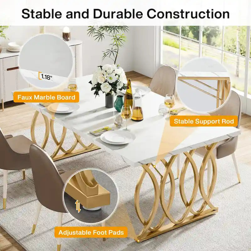 Table à manger moderne pour 4 à 6 personnes, grande table de cuisine de 160 cm avec plateau en faux marbre