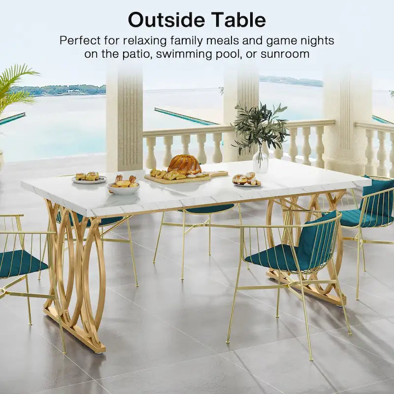 Table à manger moderne pour 4 à 6 personnes, grande table de cuisine de 160 cm avec plateau en faux marbre