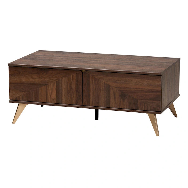 Table basse Graceland mi-siècle moderne de transition en bois au fini noyer avec 2 tiroirs