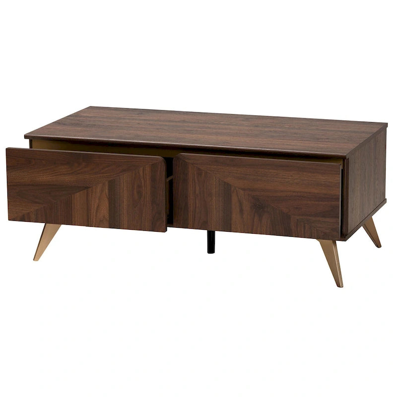 Table basse Graceland mi-siècle moderne de transition en bois au fini noyer avec 2 tiroirs