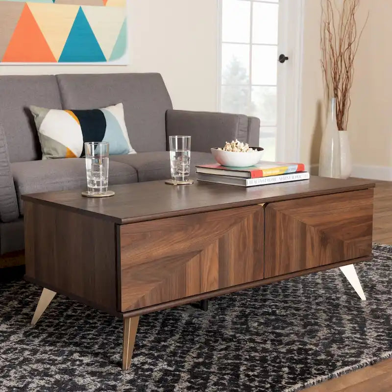 Table basse Graceland mi-siècle moderne de transition en bois au fini noyer avec 2 tiroirs