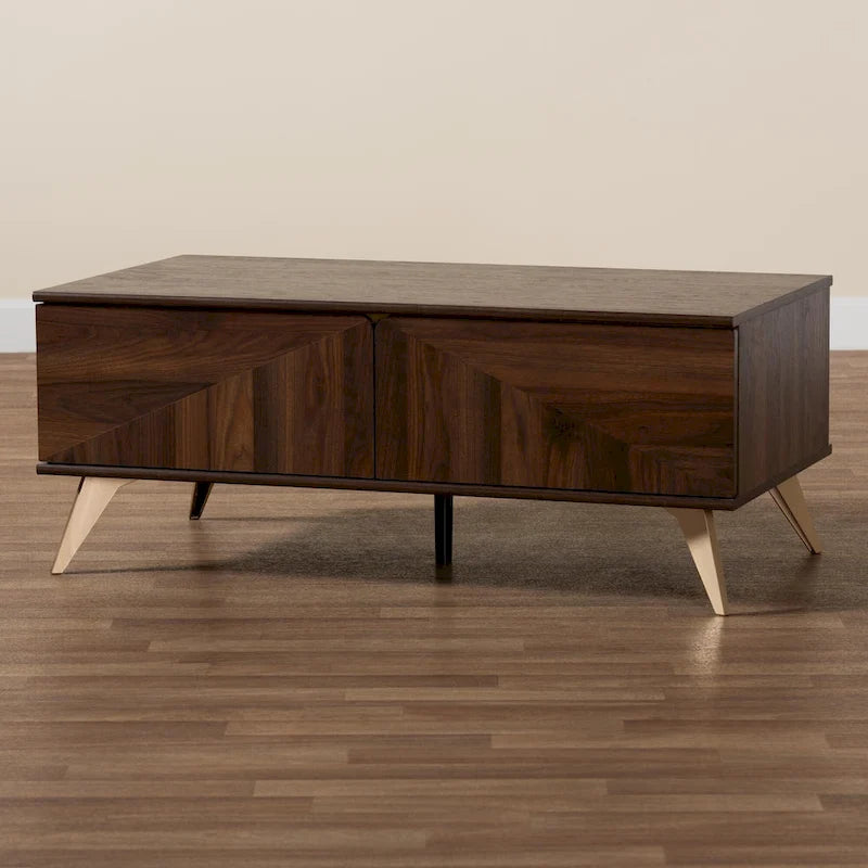 Table basse Graceland mi-siècle moderne de transition en bois au fini noyer avec 2 tiroirs