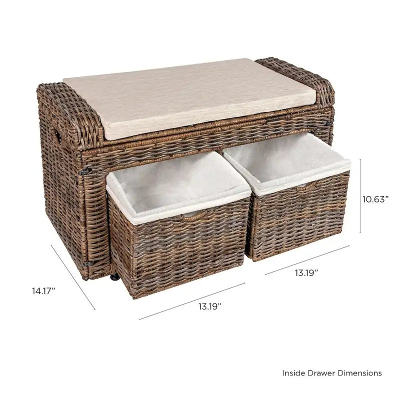 happimess Palermo Banc de rangement en osier à 2 tiroirs, gris