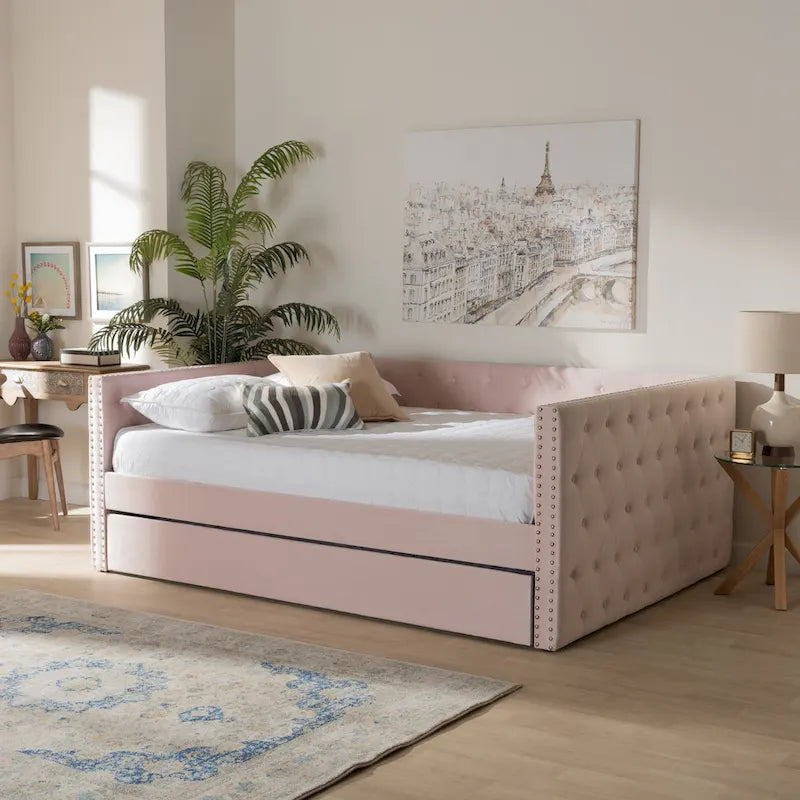 Lit de repos Larkin moderne en velours avec lit gigogne