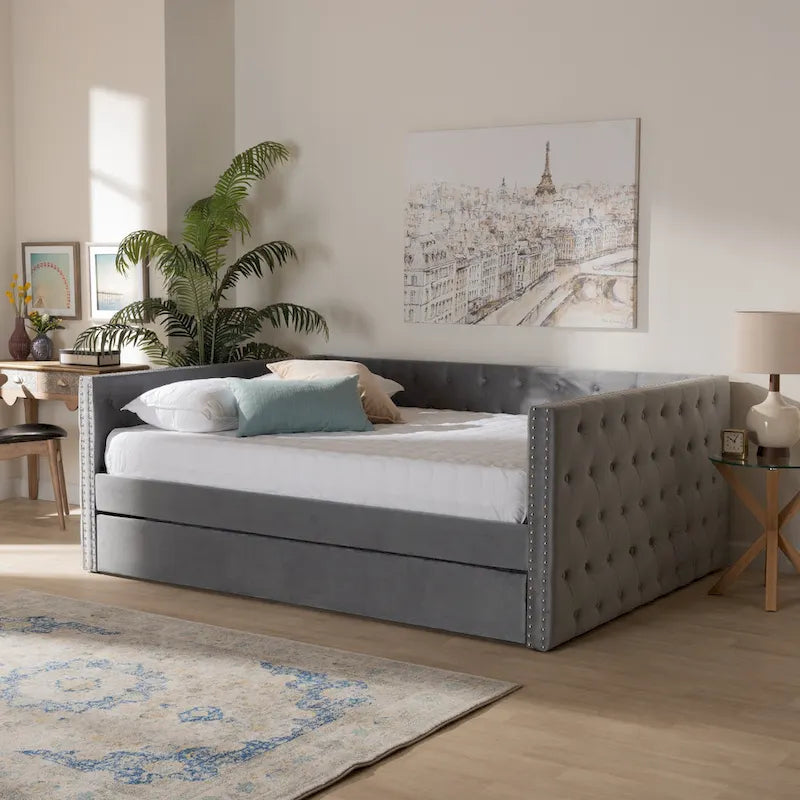 Lit de repos Larkin moderne en velours avec lit gigogne