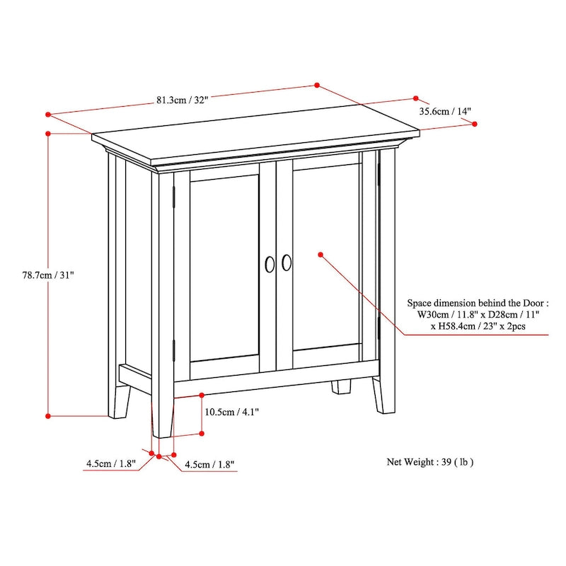 Meuble de rangement bas TRANSITIONNEL en BOIS MASSIF Mansfield de 32 po de largeur - 32 larg. x 14 prof. x 31 haut.