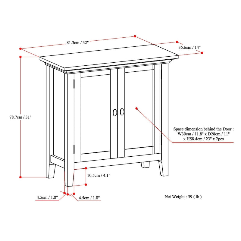 Meuble de rangement bas TRANSITIONNEL en BOIS MASSIF Mansfield de 32 po de largeur - 32 larg. x 14 prof. x 31 haut.