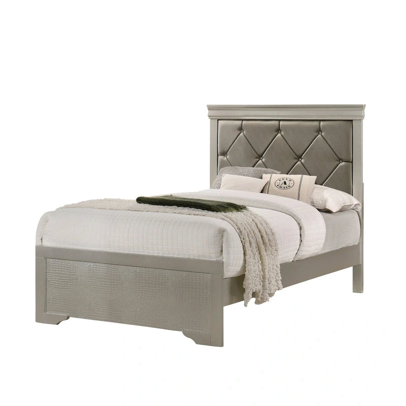 Ensemble de chambre à coucher Sigurd 4 pièces en similicuir argenté capitonné