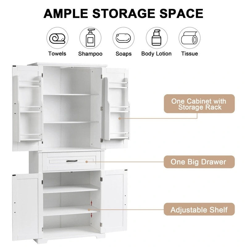 Meuble de salle de bain sur pied, Armoire de rangement autonome avec portes et tiroir, Meuble de cuisine avec étagère réglable