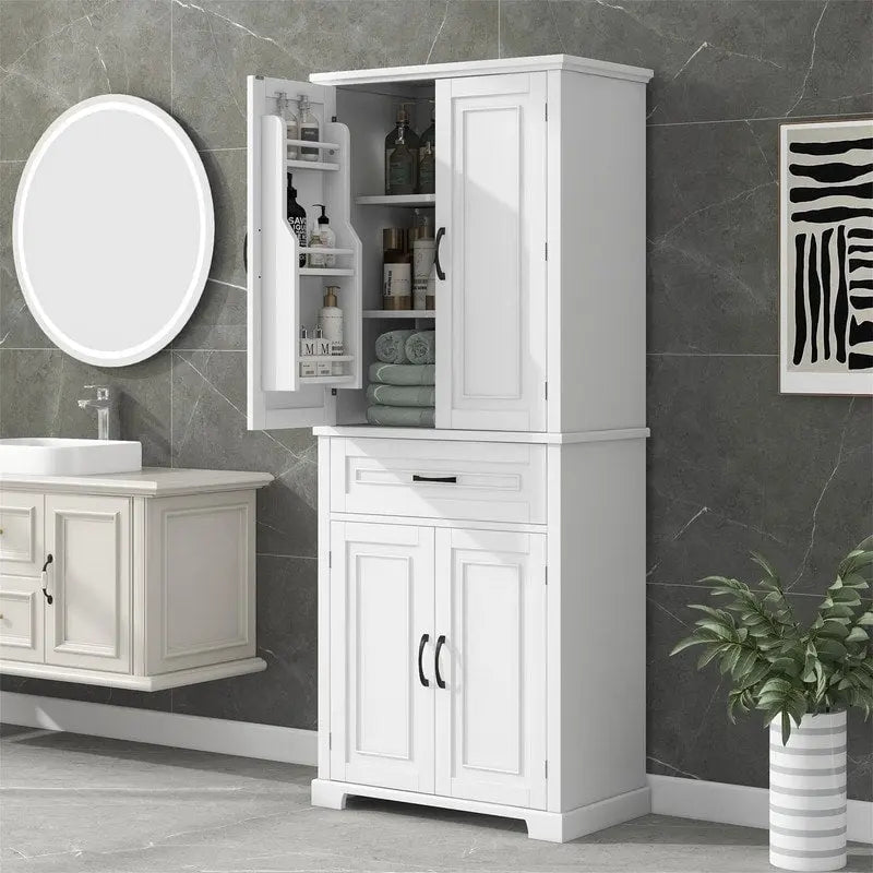 Meuble de salle de bain sur pied, Armoire de rangement autonome avec portes et tiroir, Meuble de cuisine avec étagère réglable