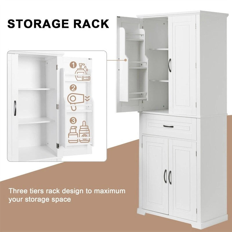 Meuble de salle de bain sur pied, Armoire de rangement autonome avec portes et tiroir, Meuble de cuisine avec étagère réglable