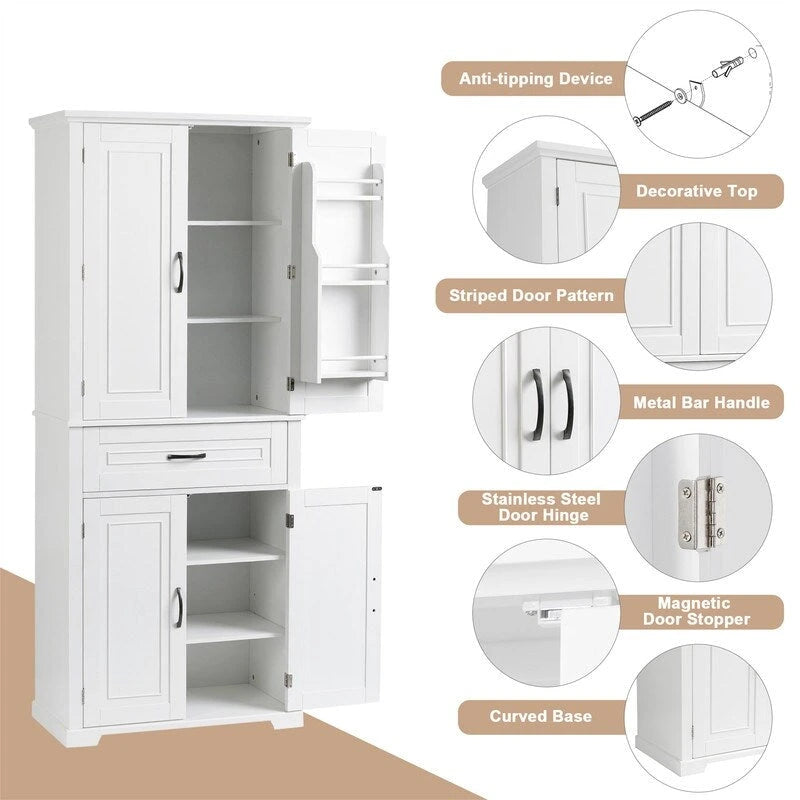 Meuble de salle de bain sur pied, Armoire de rangement autonome avec portes et tiroir, Meuble de cuisine avec étagère réglable