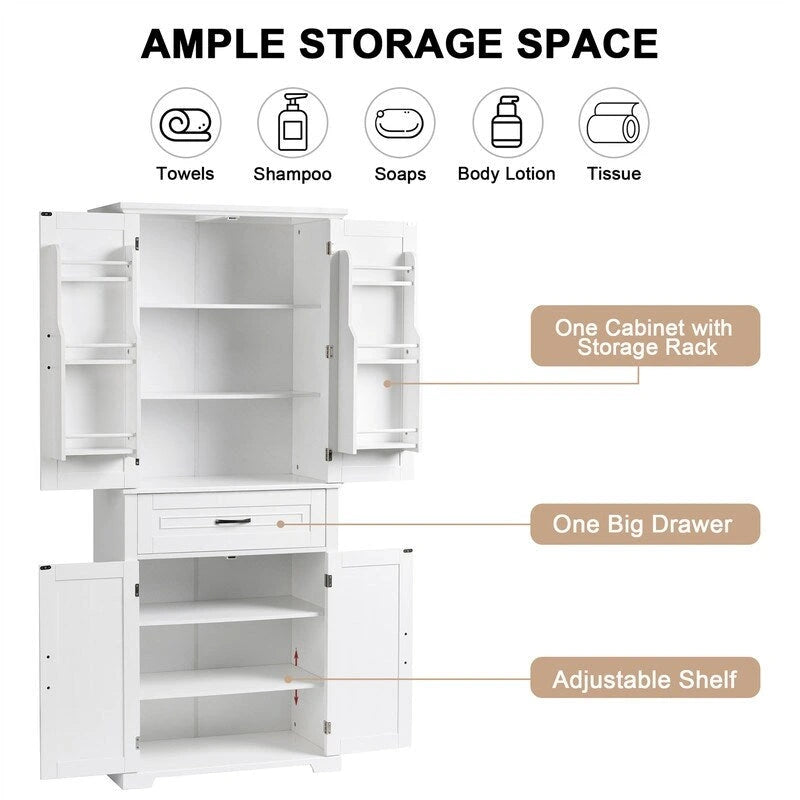 Meuble de salle de bain sur pied, Armoire de rangement autonome avec portes et tiroir, Meuble de cuisine avec étagère réglable