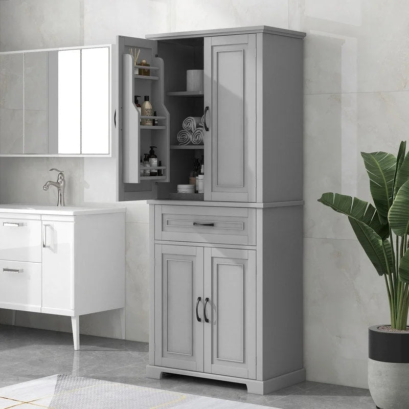 Meuble de salle de bain sur pied, Armoire de rangement autonome avec portes et tiroir, Meuble de cuisine avec étagère réglable