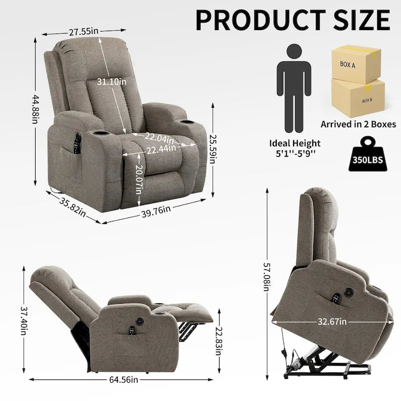 Fauteuil releveur électrique pour personnes âgées avec moteur Okin à position infinie, supportant jusqu'à 158 kg, mécanisme robuste avec 8 points de vibration
