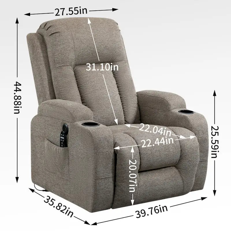 Fauteuil releveur électrique pour personnes âgées avec moteur Okin à position infinie, supportant jusqu'à 158 kg, mécanisme robuste avec 8 points de vibration