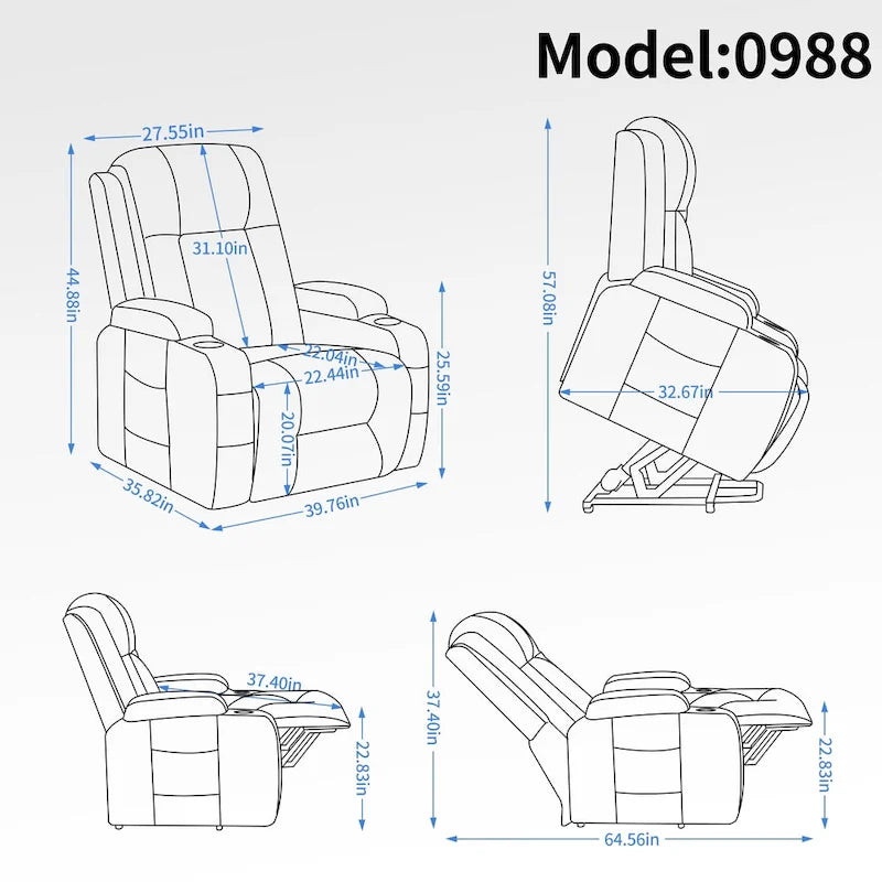 Fauteuil releveur électrique pour personnes âgées avec moteur Okin à position infinie, supportant jusqu'à 158 kg, mécanisme robuste avec 8 points de vibration