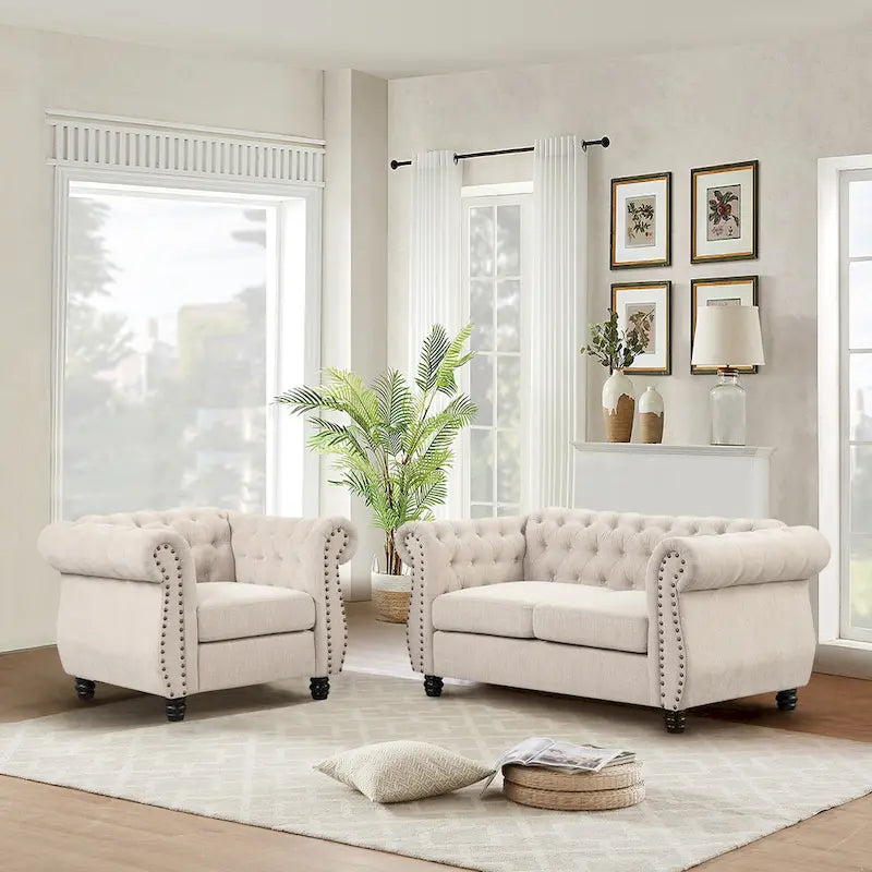  Chair, Loveseat 2-pcs Set Tufted Upholstered Chesterfield Furniture Set